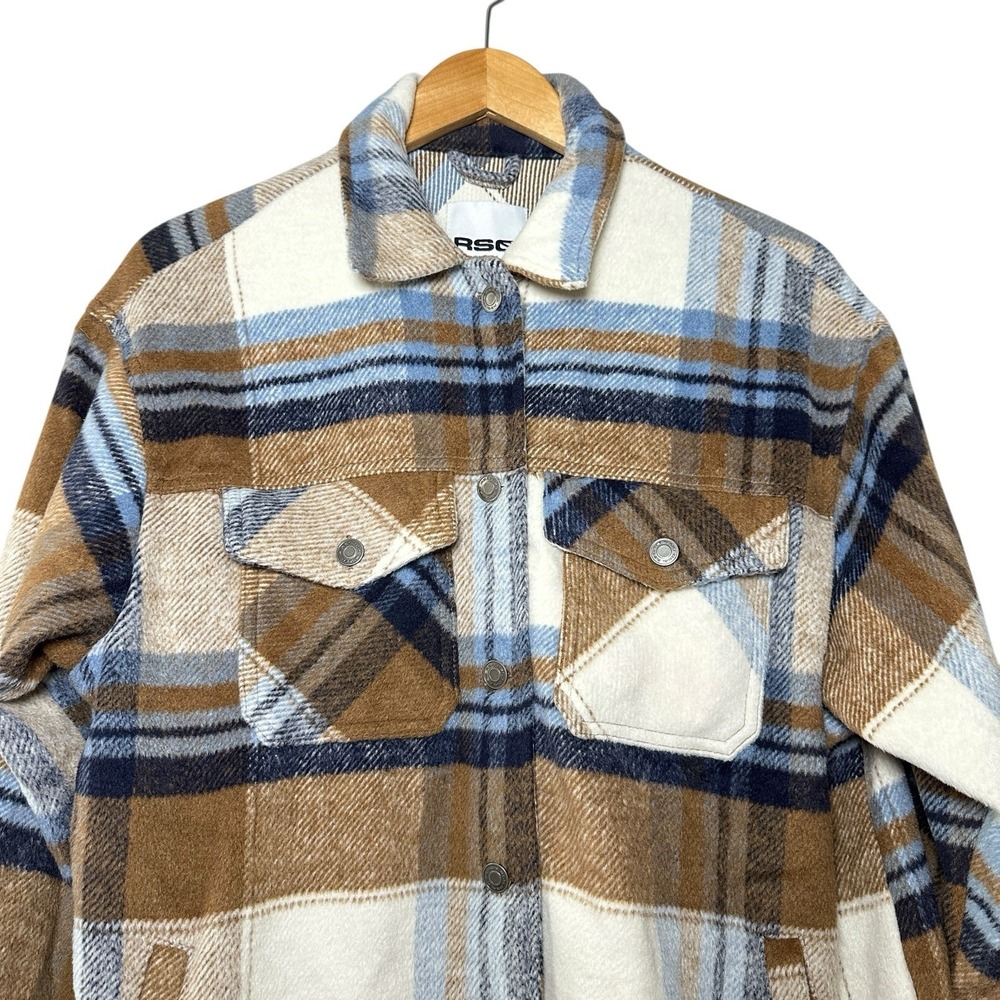 RSQ Plaid Wool Blend Shacket Jacket Medium Brown Blue Cream Oversized Workwear - Picture 4 of 14